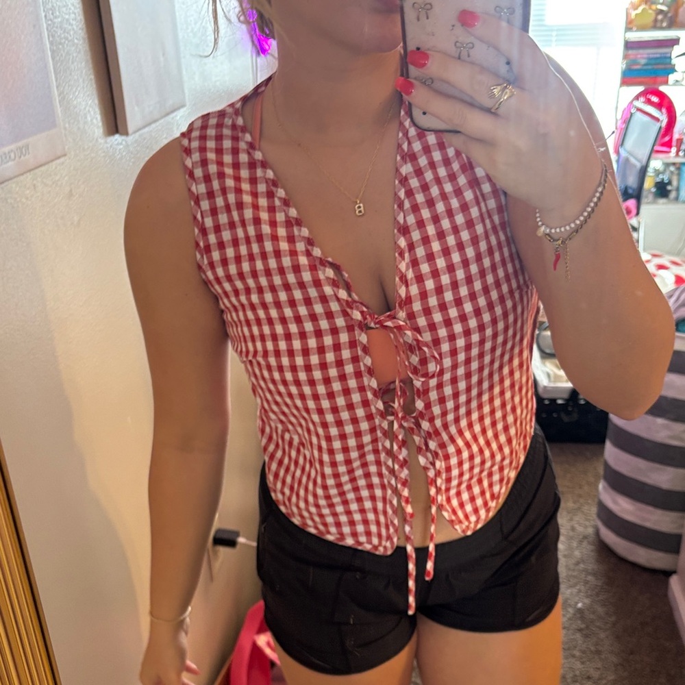 SHEIN Red Checkered Tie-Front Blouse
